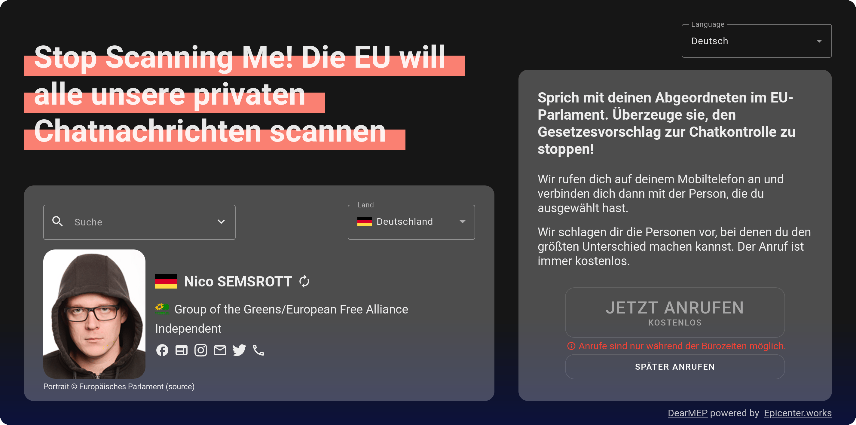 Screenshot des DearMEP-Frontends